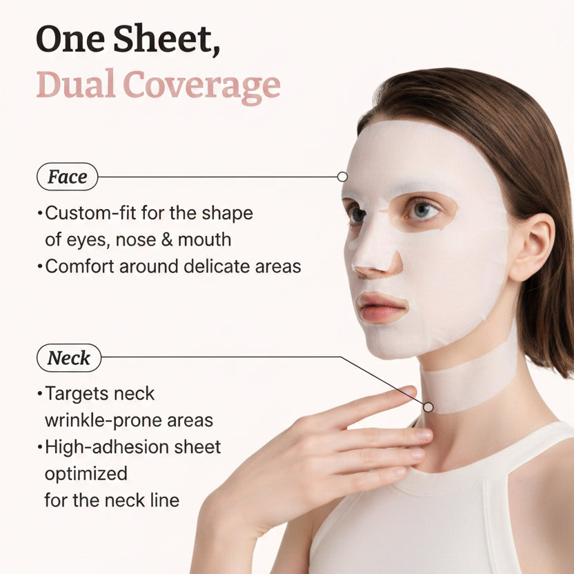 Woman wearing a face mask with text on dual coverage for face and neck.