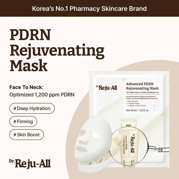 Dr. Reju-All PDRN Rejuvenating Mask packaging with product and branding details on a beige background.