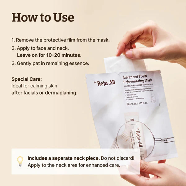 Instructions on how to use a skincare mask with a close-up of the mask packaging.