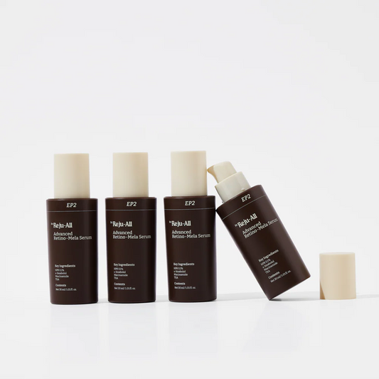 Four bottles of EP2 'Right-All' serum on a white background