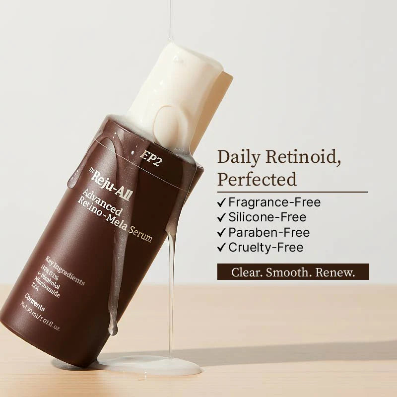 Reju-AI serum bottle with text highlighting features on a light background