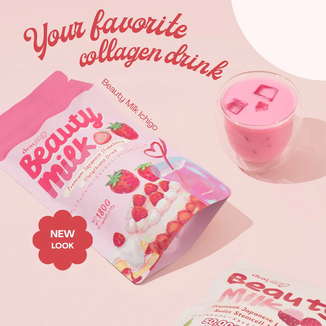 Beauty Milk strawberry collagen drink package and glass on a pink background
