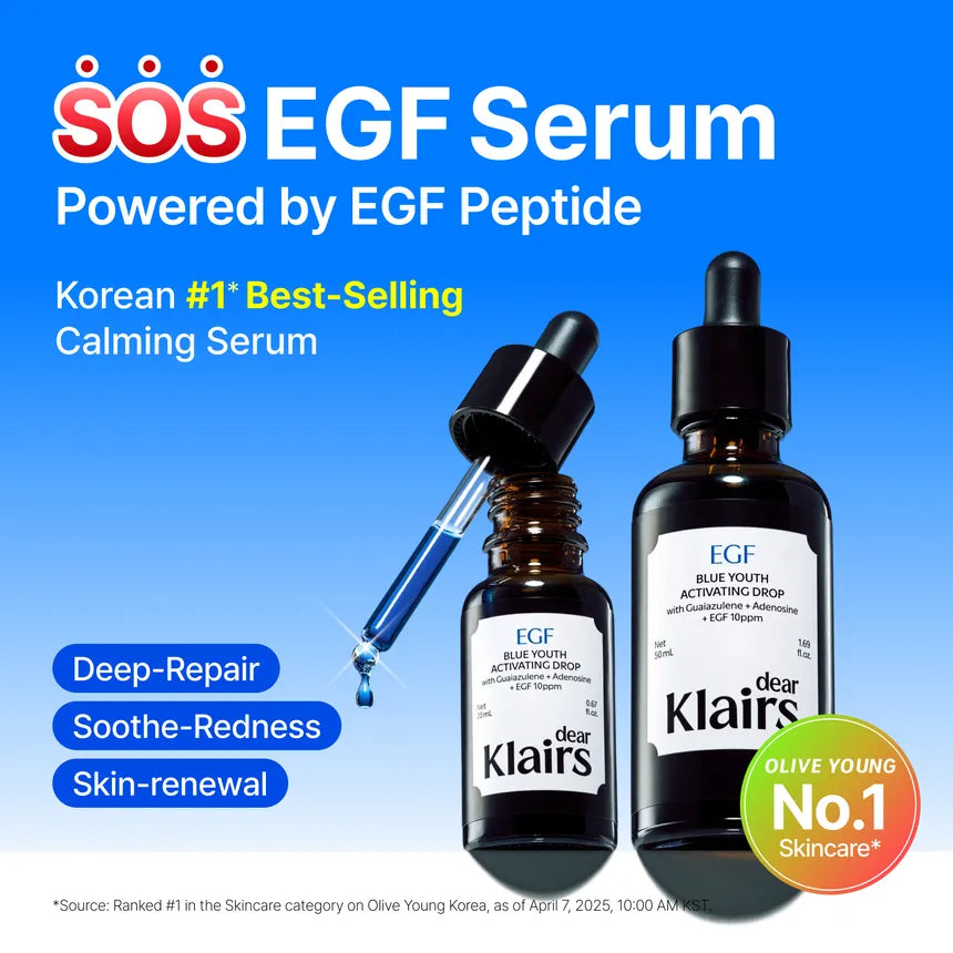 Two bottles of Klairs EGF Serum with dropper on a blue background, featuring text about the serum's benefits and popularity.