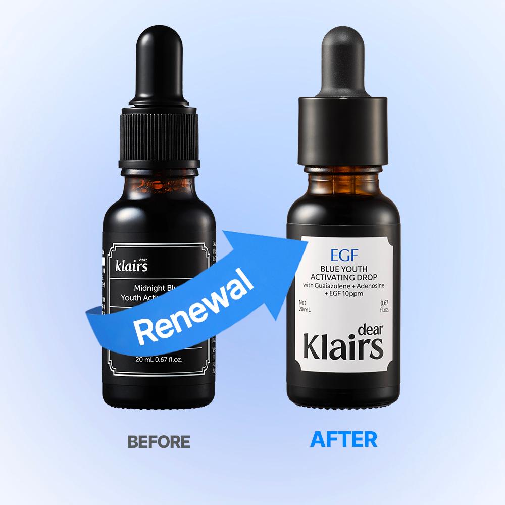 Before and after comparison of Klairs skincare products on a blue background