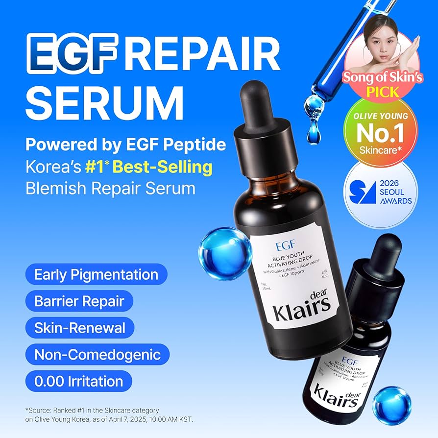 Klairs EGF Repair Serum with dropper bottles on a blue background, featuring product details and awards.