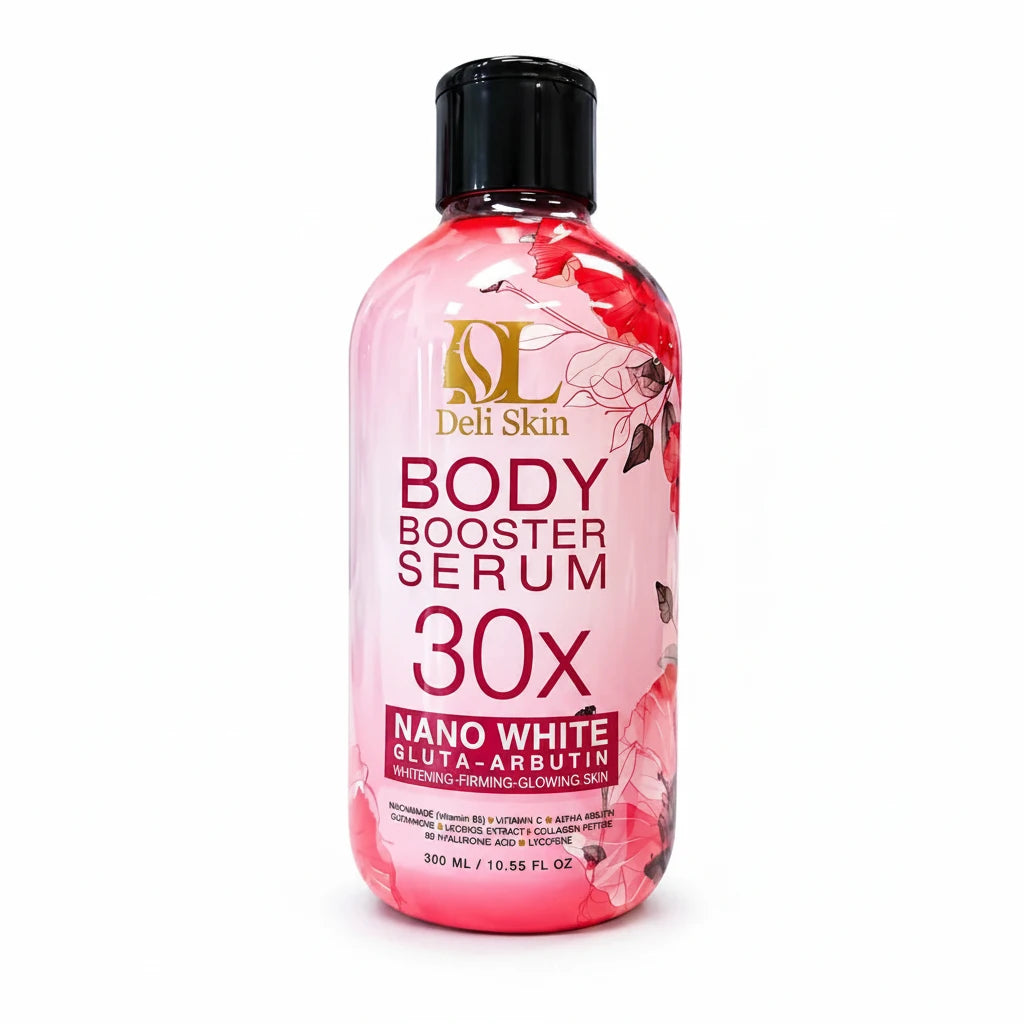 Pink bottle of Deli Skin Body Booster Serum 30X on a white background