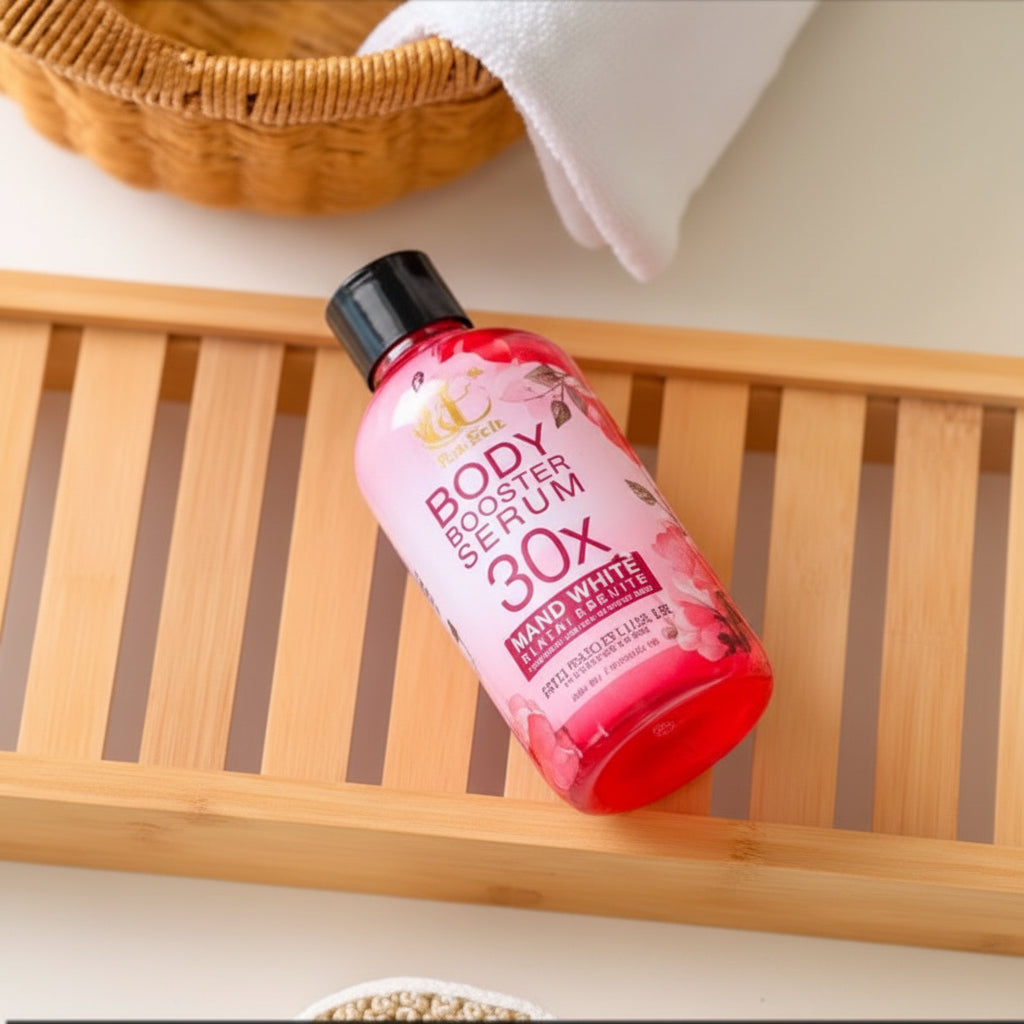 Bottle of soap on a wooden surface with a white towel and woven basket in the background.