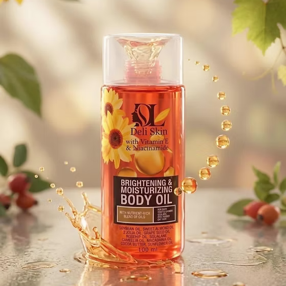 Deli Skin brightening and moisturizing body oil bottle with sunflower design on a reflective surface.