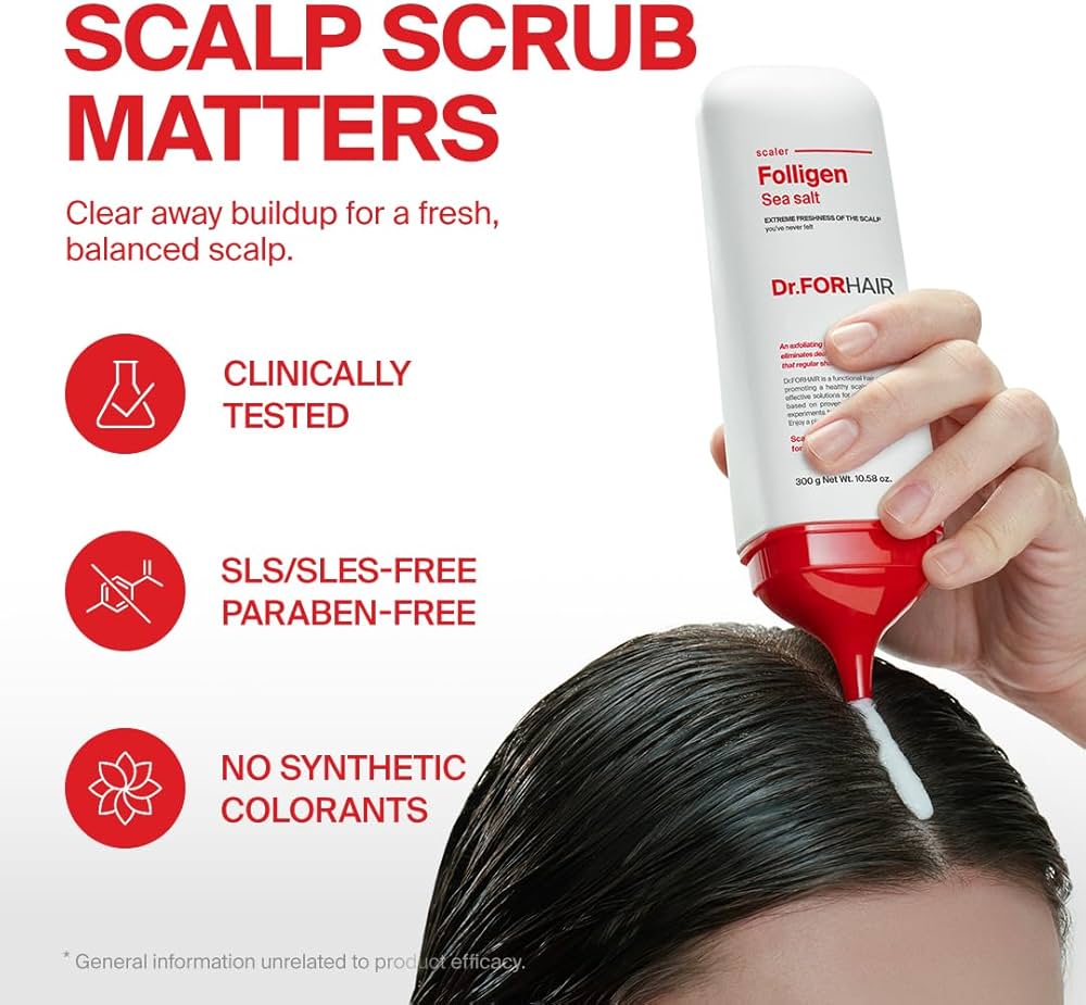 Dr. For Hair scalp scrub being applied to a person's hair with product details on a white background.