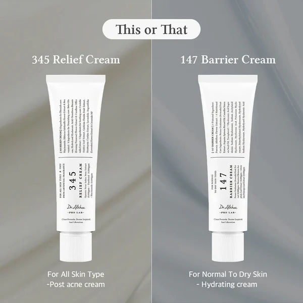 Two tubes of Dr. Althea cream labeled '345 Relief Cream' and '147 Barrier Cream' on a gradient background.