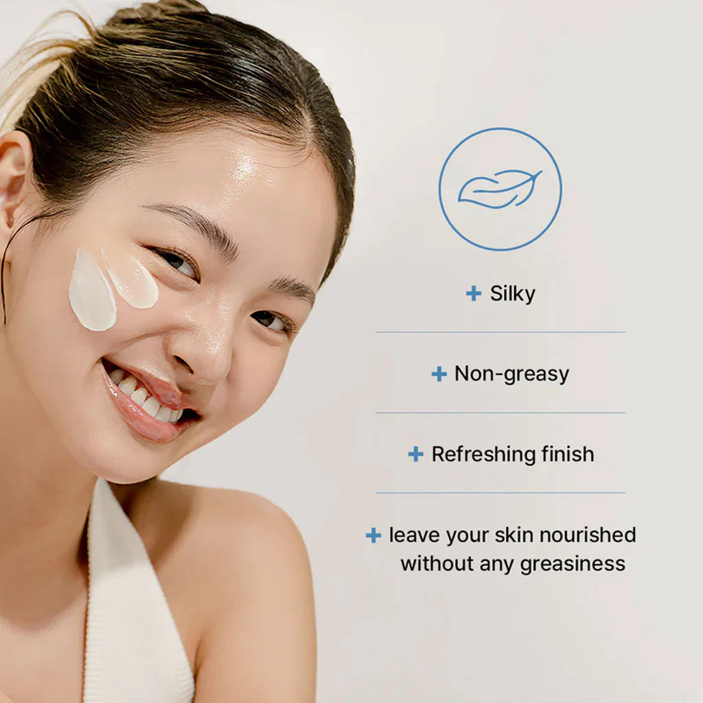 Woman with skincare product on face, text describing product benefits on a light background