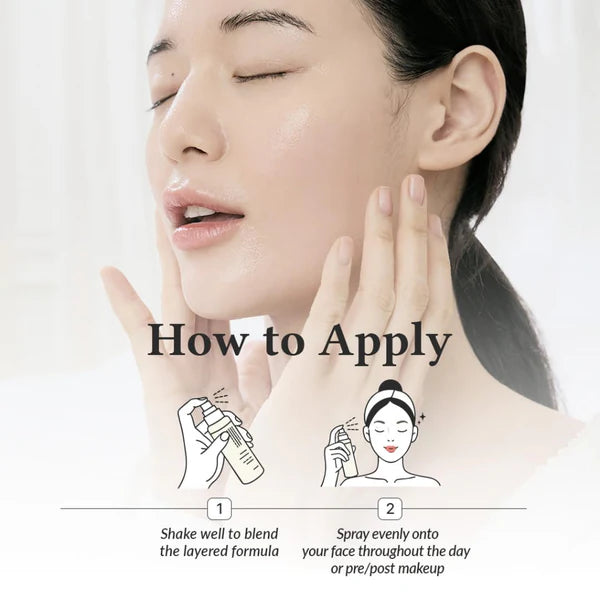 Woman applying skincare product with instructions on a white background