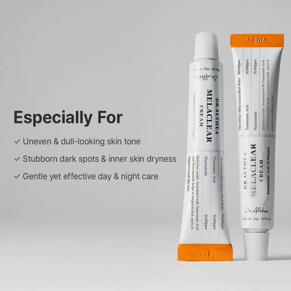 Two tubes of Dr. Althea Melaclear Cream on a gray background with text about skin care benefits.