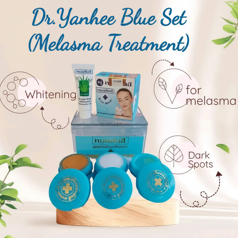 Dr. Yanhee Blue Set for melasma treatment with containers and packaging on a light background.