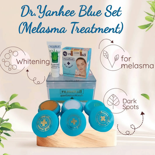 Dr. Yanhee Blue Set for melasma treatment with containers and packaging on a light background.