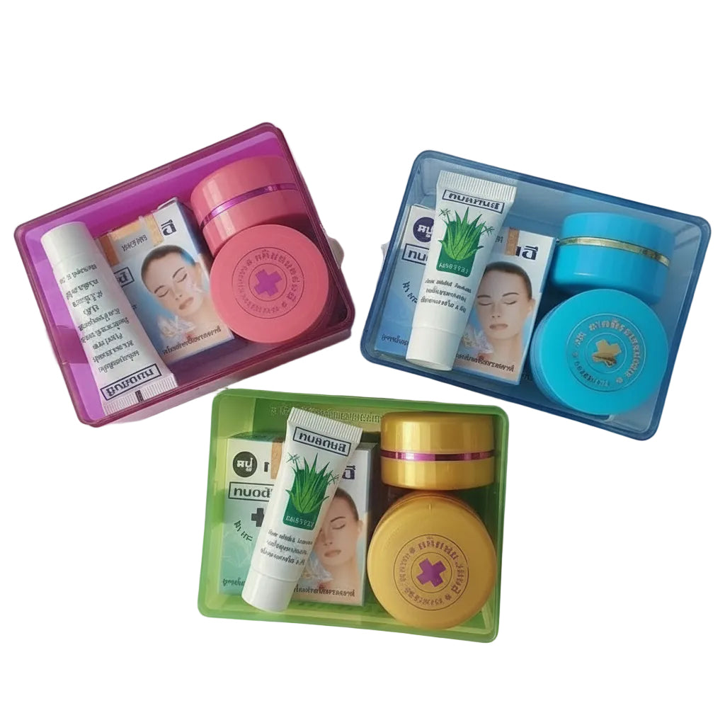 Collection of skincare products in colorful containers on a white background