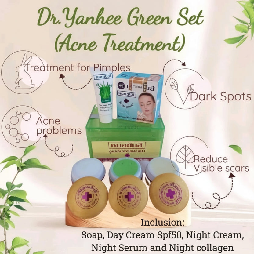 Dr. Yanhee Green Set Acne Treatment with products and benefits on a light background