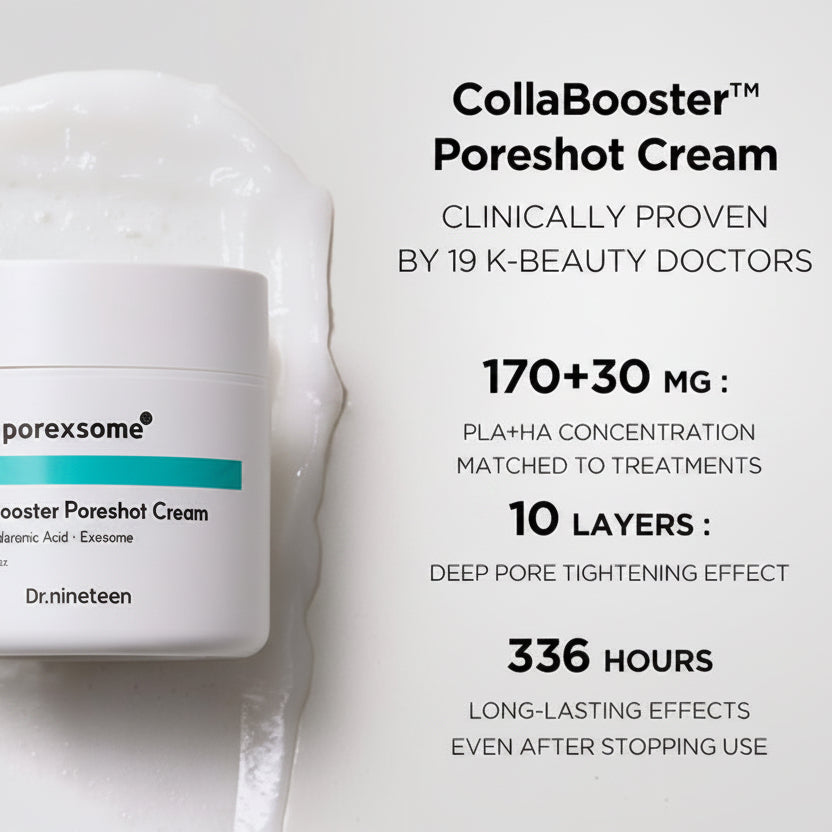 Porexsome CollaBooster Poreshot Cream container with product details on a gray background