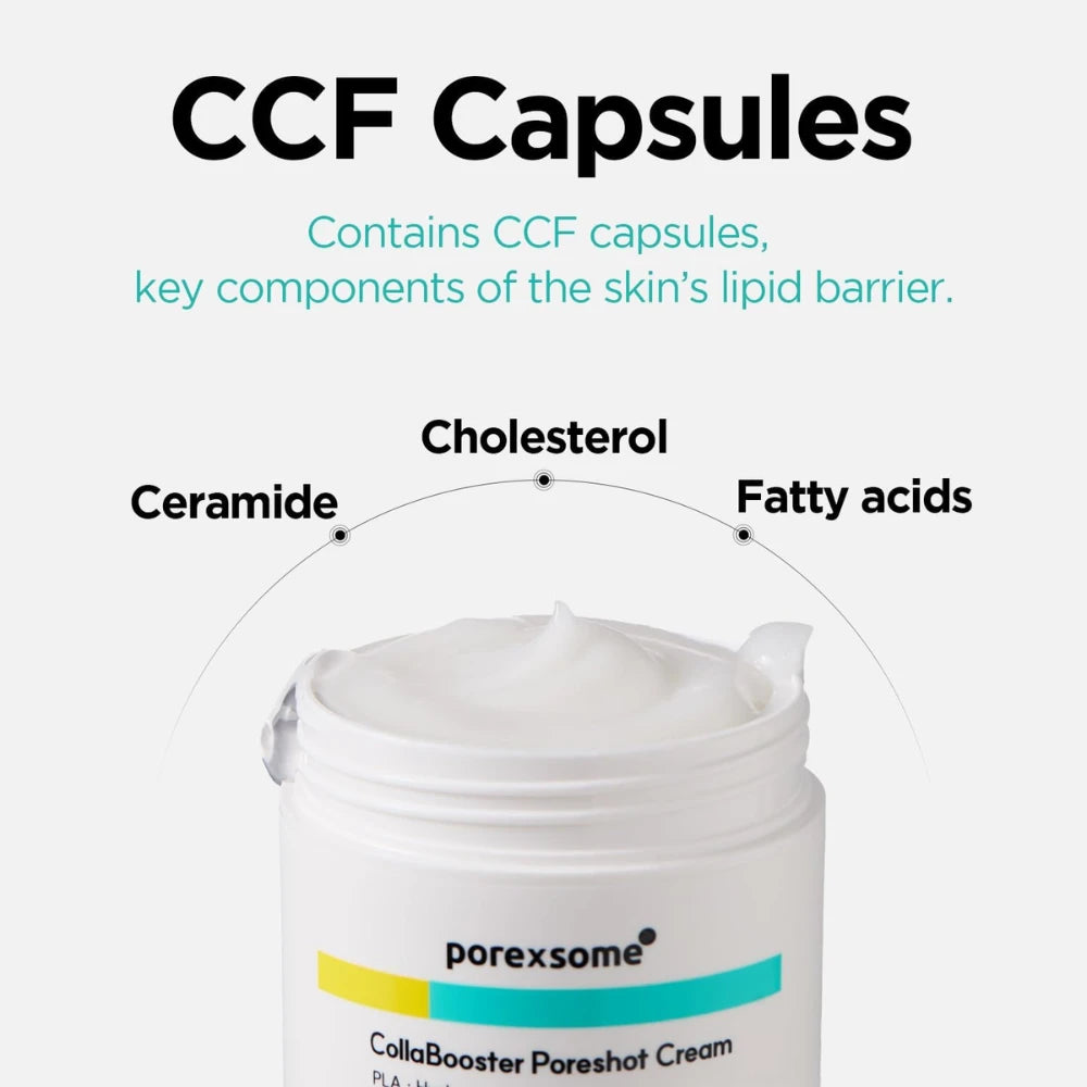 Porexsome CollaBooster Pareshot Cream with CCF capsules label on a white background