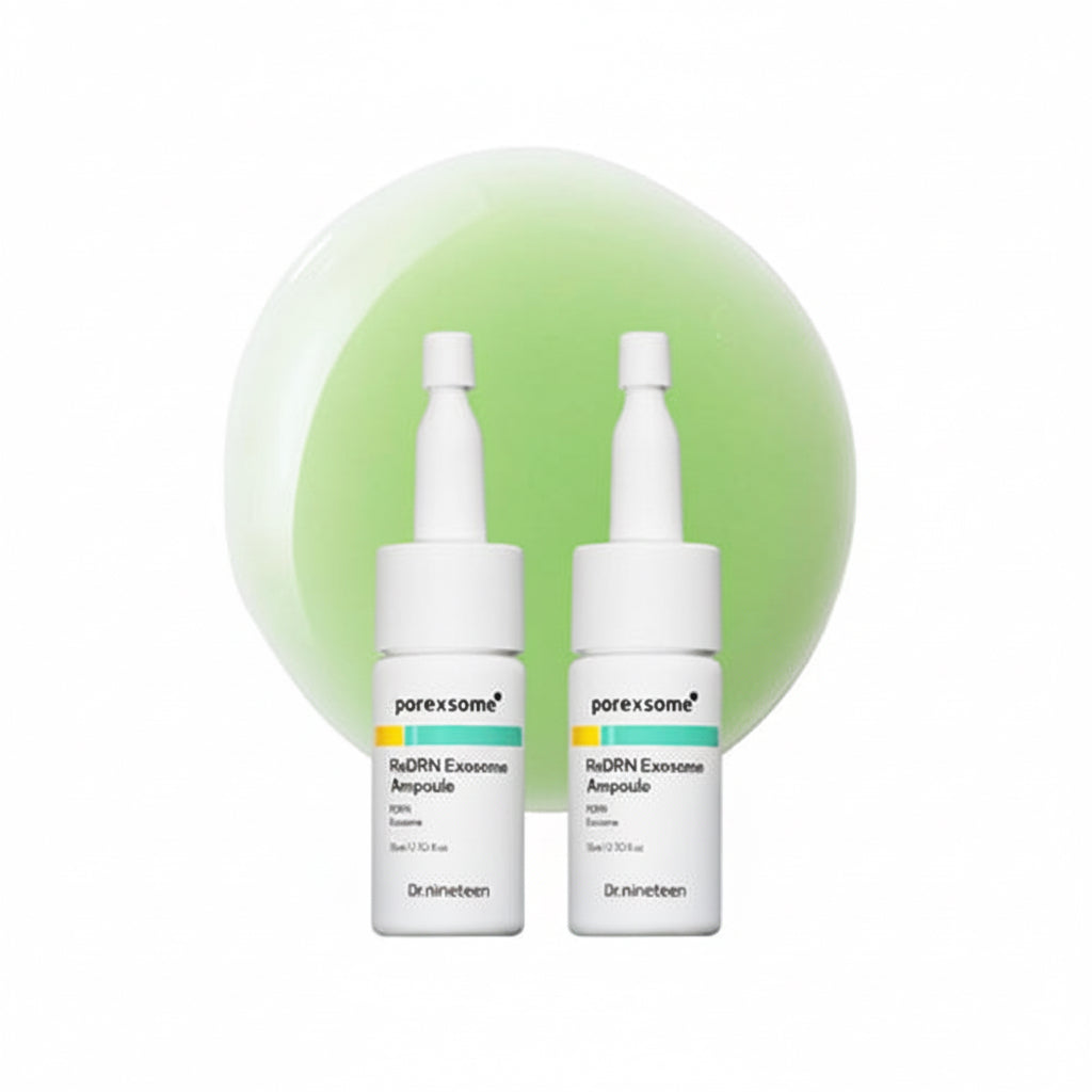 Two white bottles of paresxome ReDRN Exosome Ampoule on a white background with a green circle behind them.