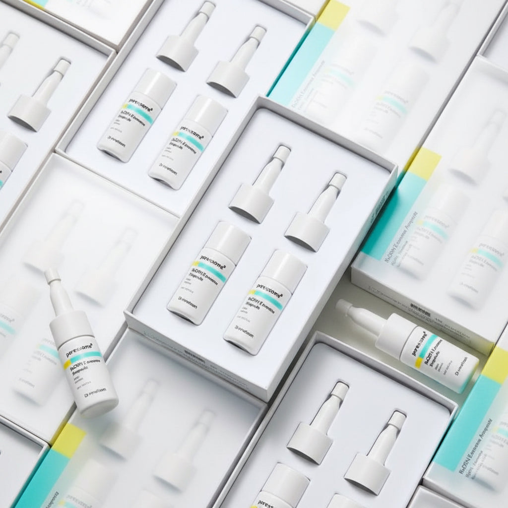 Multiple skincare bottles and boxes on a light gray background