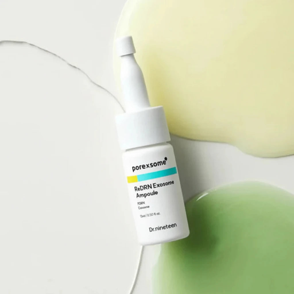 Dr. Nineteen porexsome ReDRN Exosome Ampoule bottle on a gradient background