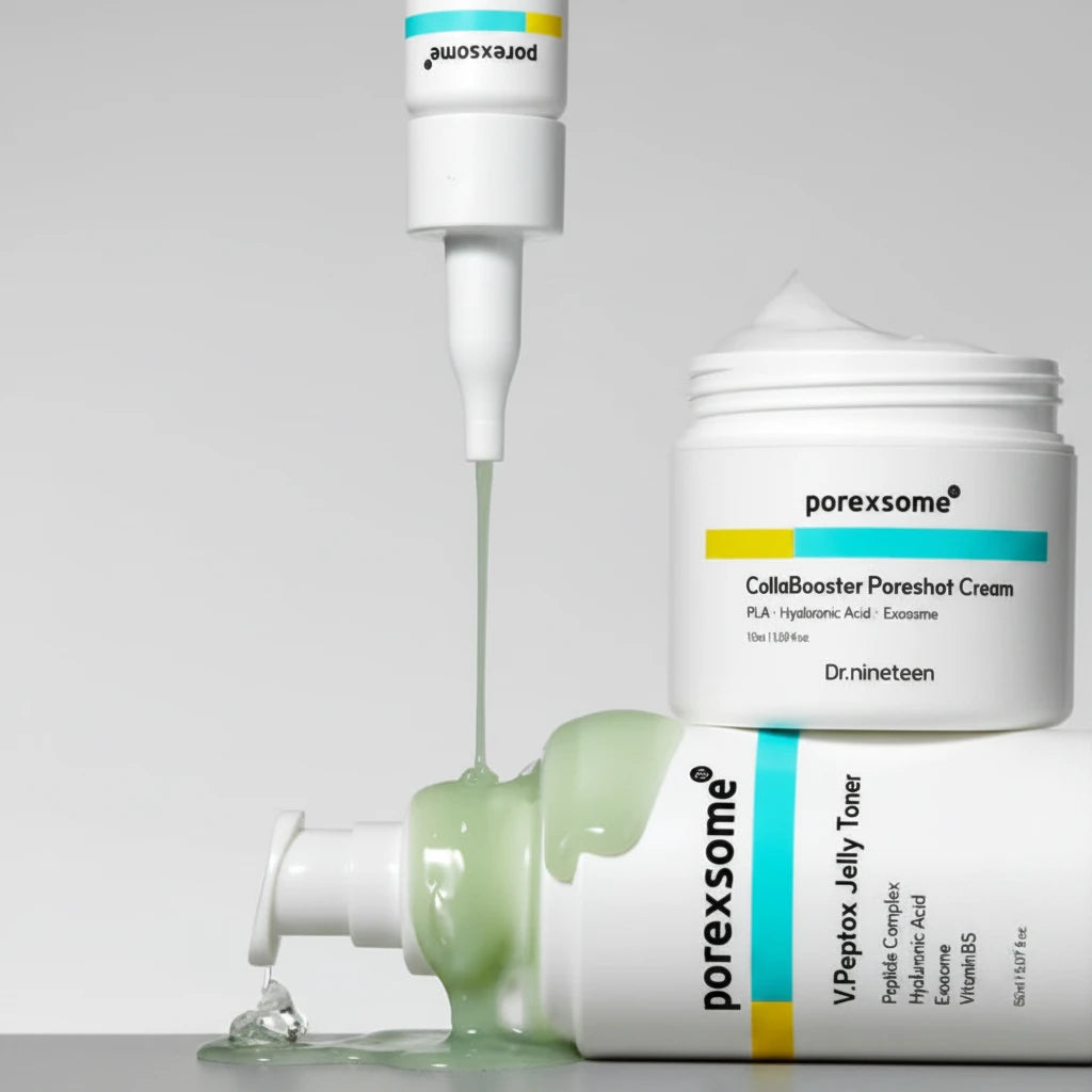 Three skincare products from the brand 'porexsome' on a gray background
