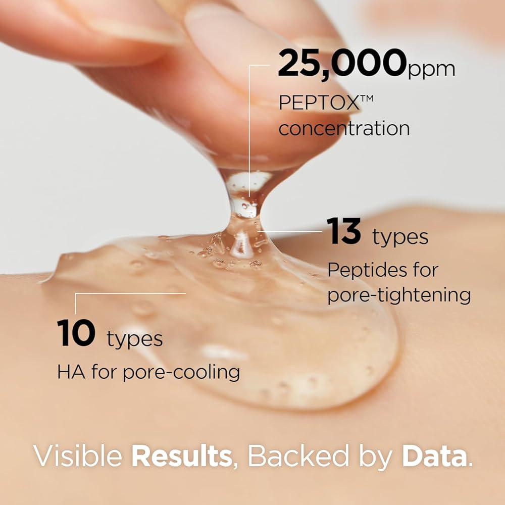 Close-up of a skincare product being applied to skin with text about peptox concentration and types of peptides.