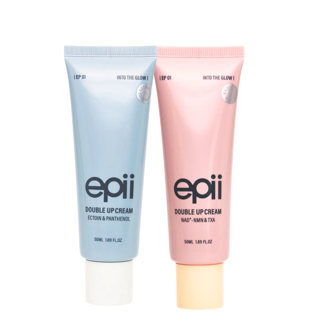Two tubes of epii Double Up Cream, one blue and one pink, on a white background.