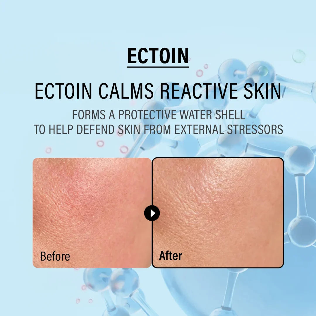 Advertisement for Ectoin skincare product showing before and after effects on skin with molecular structure in the background.