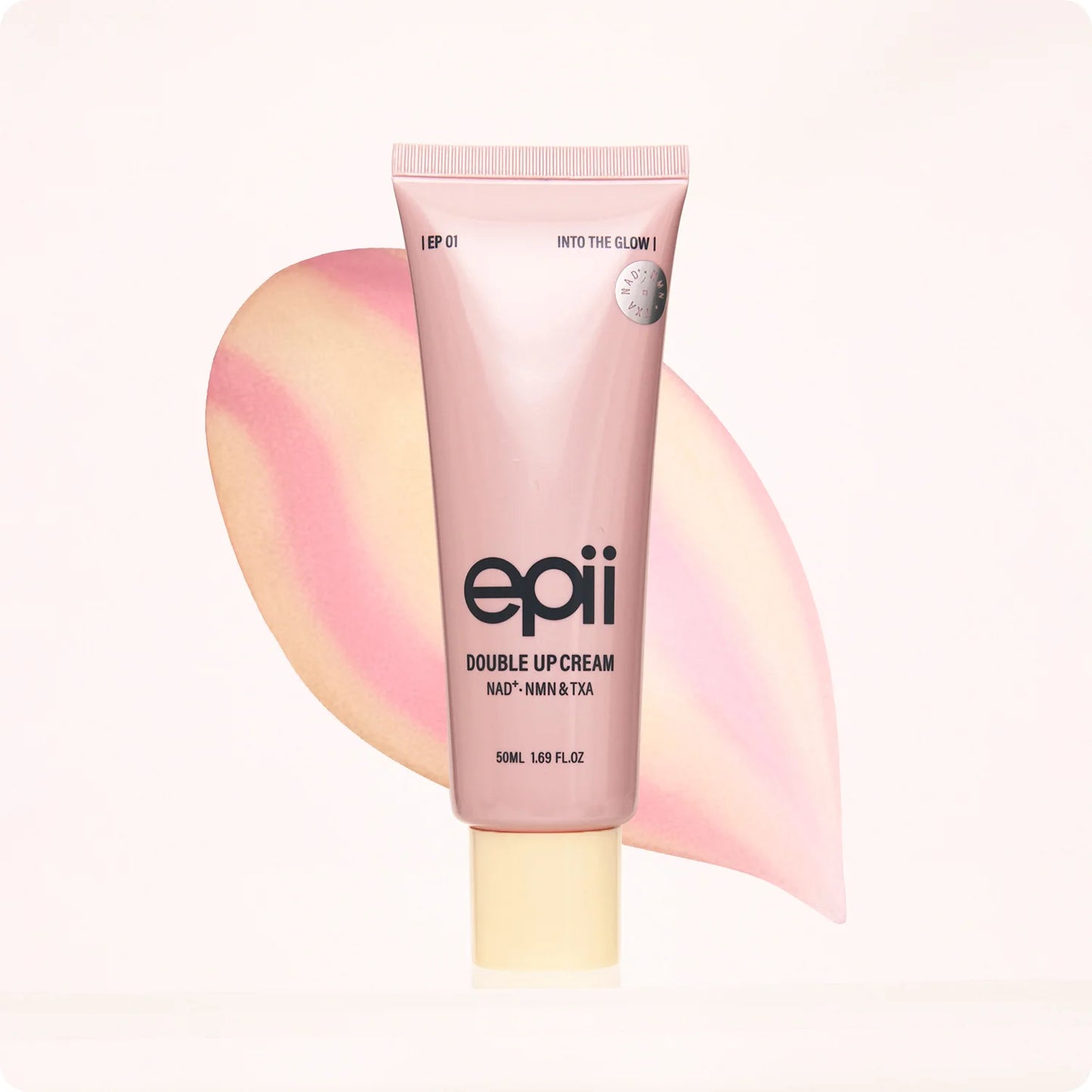 Tube of epii Double Up Cream with a pink and yellow gradient background