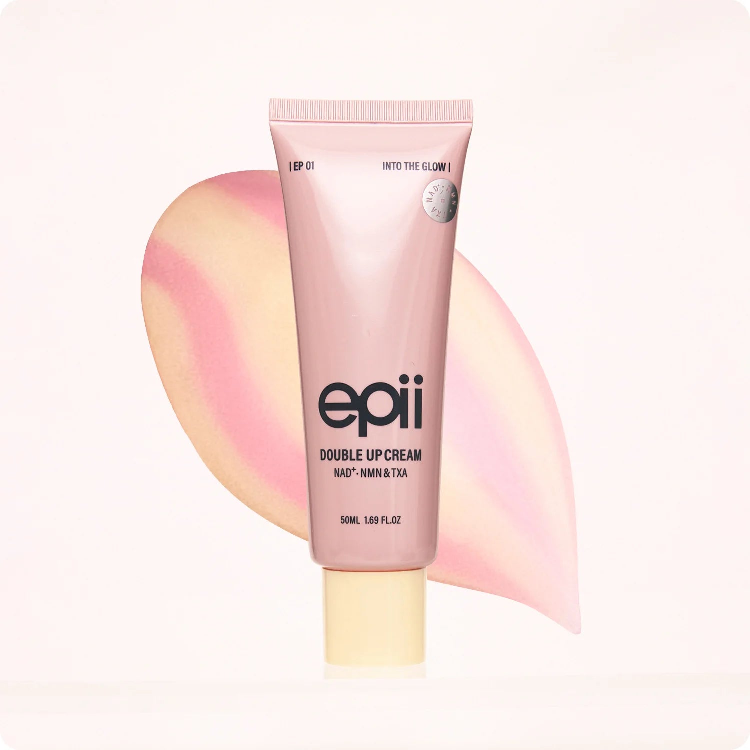 Tube of epii Double Up Cream with a pink and yellow gradient background