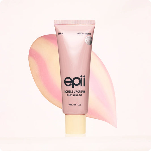 Tube of epii Double Up Cream with a pink and yellow gradient background