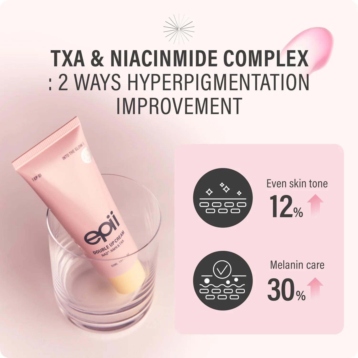 Epil skincare product with TXA & Niacinamide Complex text and benefits on a light pink background