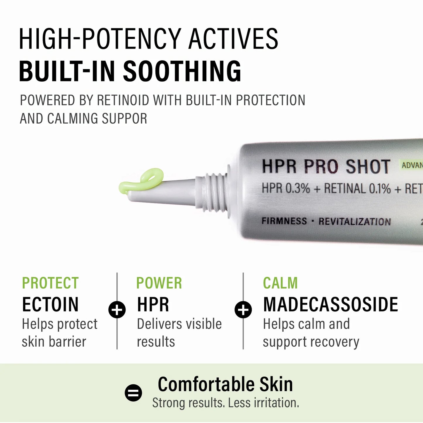 HPR Pro Shot skincare product with text highlighting high-potency actives and benefits.