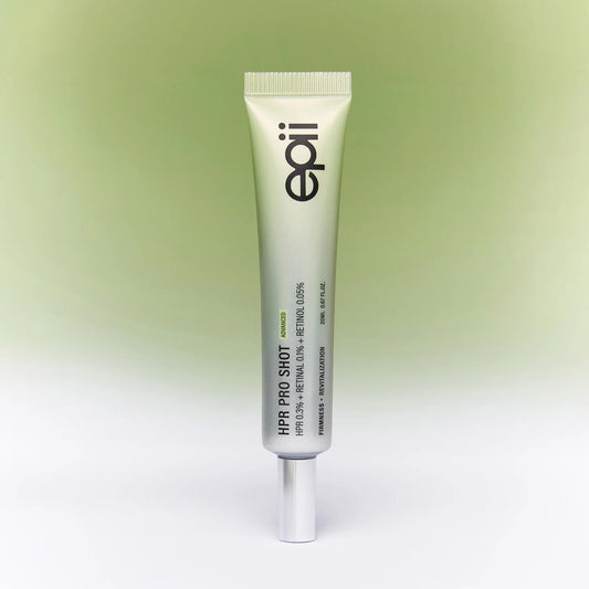 Epii HPR Pro Shot skincare tube on a gradient green and white background