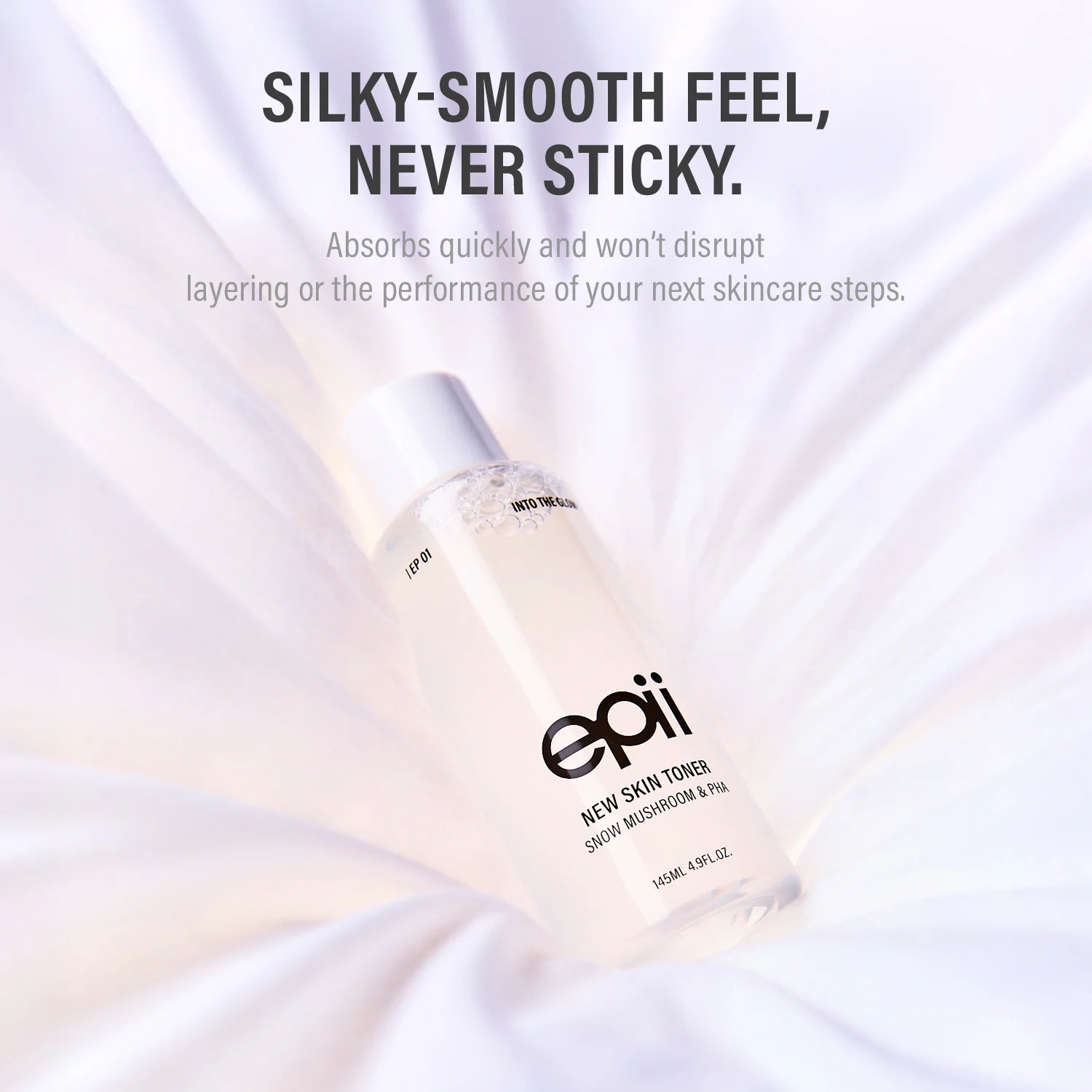 OPI skincare product bottle on a soft fabric background with text about texture and absorption.