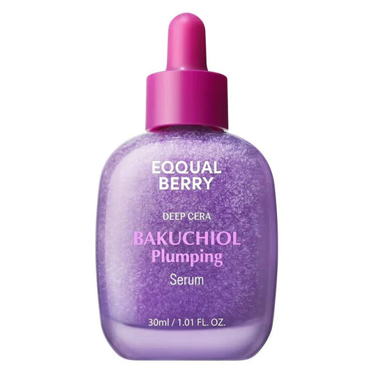 A purple bottle with a pink dropper containing the EQQUAL BERRY Deep Cera Bakuchiol Plumping Serum, labeled for firming and plumping the skin.