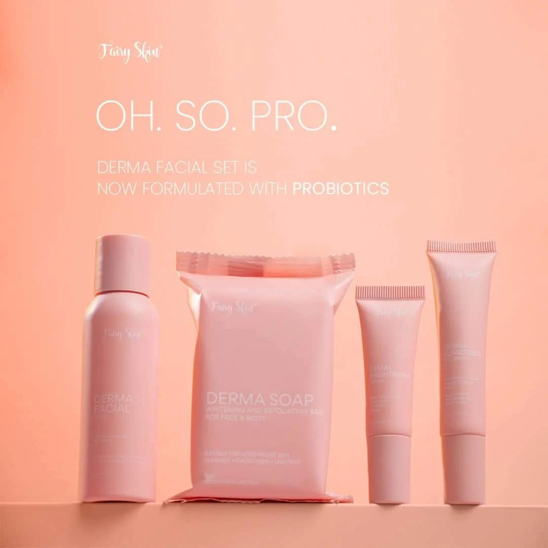 Fairy Skin derma facial set with bottles and packaging on a peach background