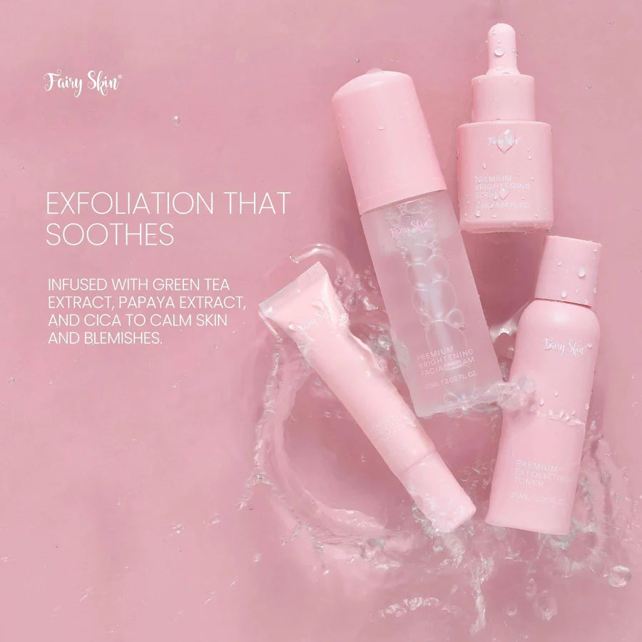 Pink skincare products on a pink background with text about exfoliation and ingredients.