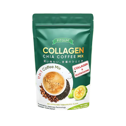Green package of FitGum Collagen Chia Coffee Mix on a white background