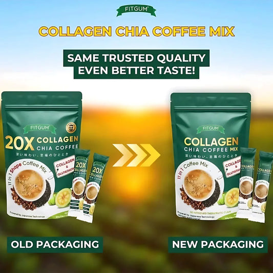 Comparison of old and new packaging for FITGUM Collagen Chia Coffee Mix with a gradient background.