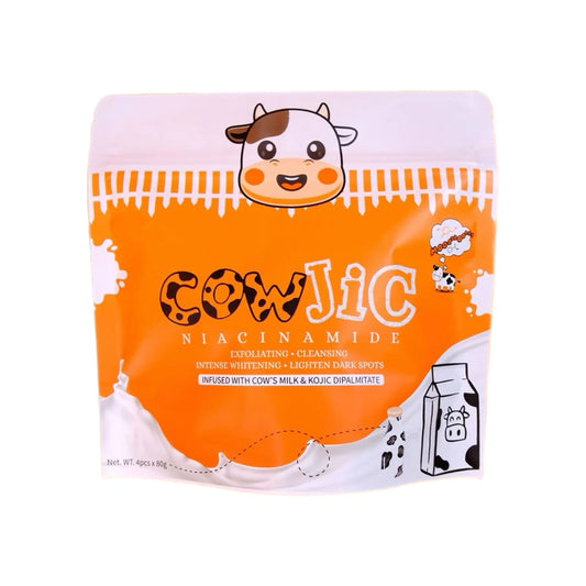 Cow Jic niacinamide product packaging with a cartoon cow on an orange background