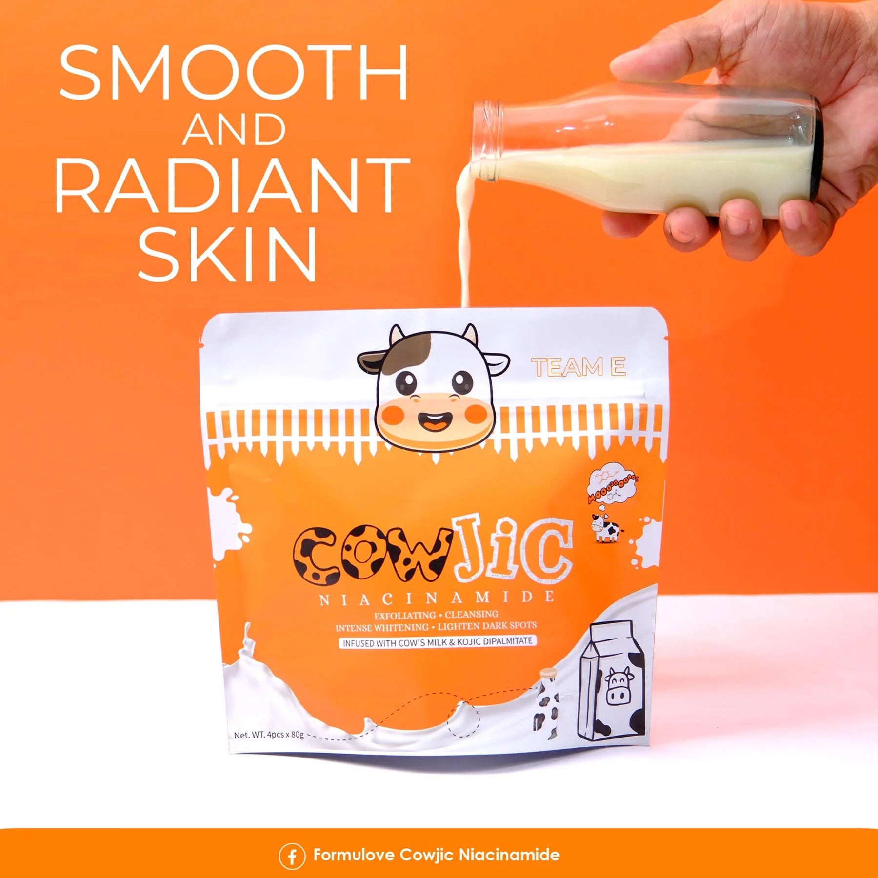 CowJic niacinamide product packaging with a hand pouring cream against an orange background