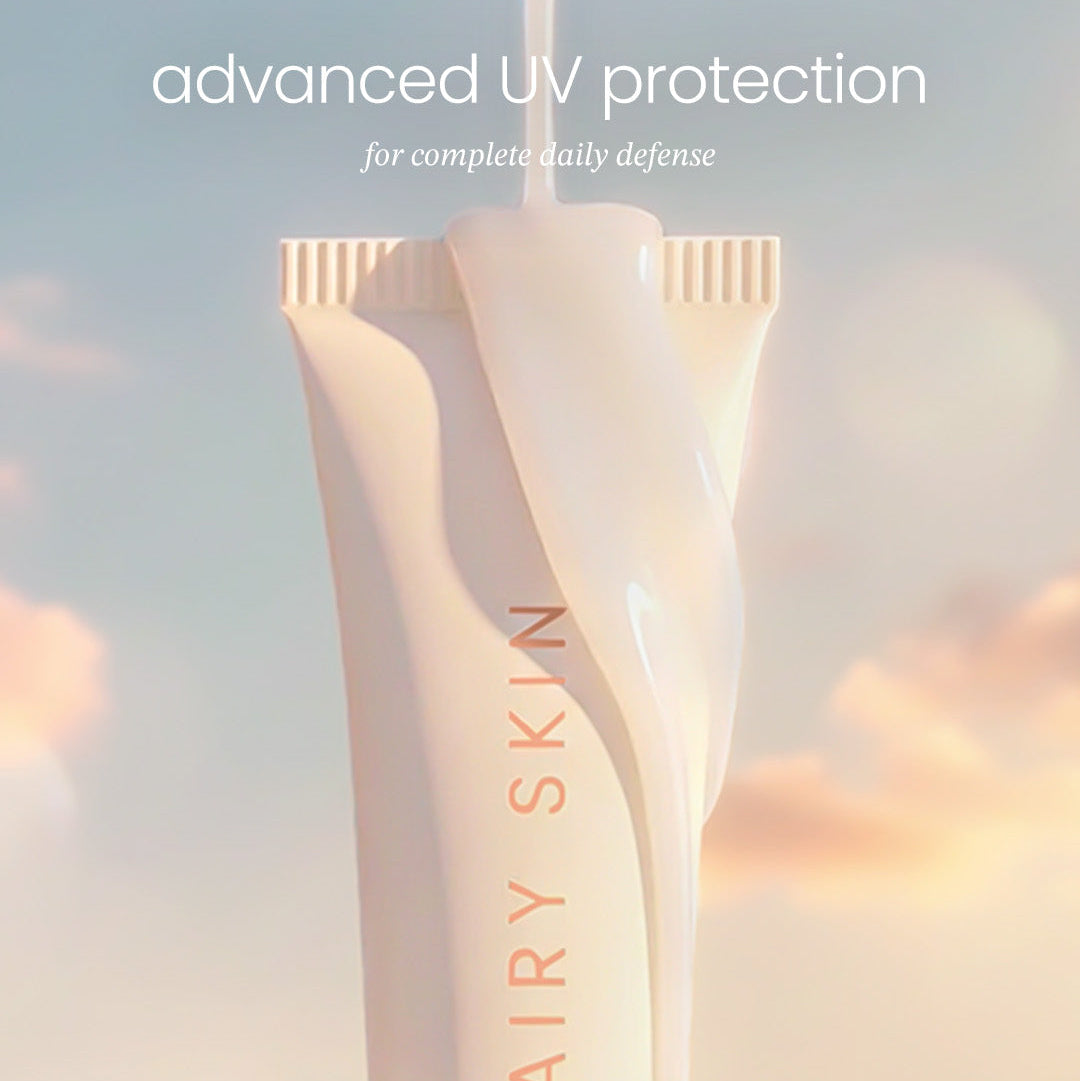 Fairy Skin skincare product with 'advanced UV protection' text on a soft background