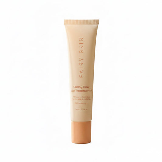 Tube of Fairy Skin lip sunscreen on a natural background with text detailing product features.