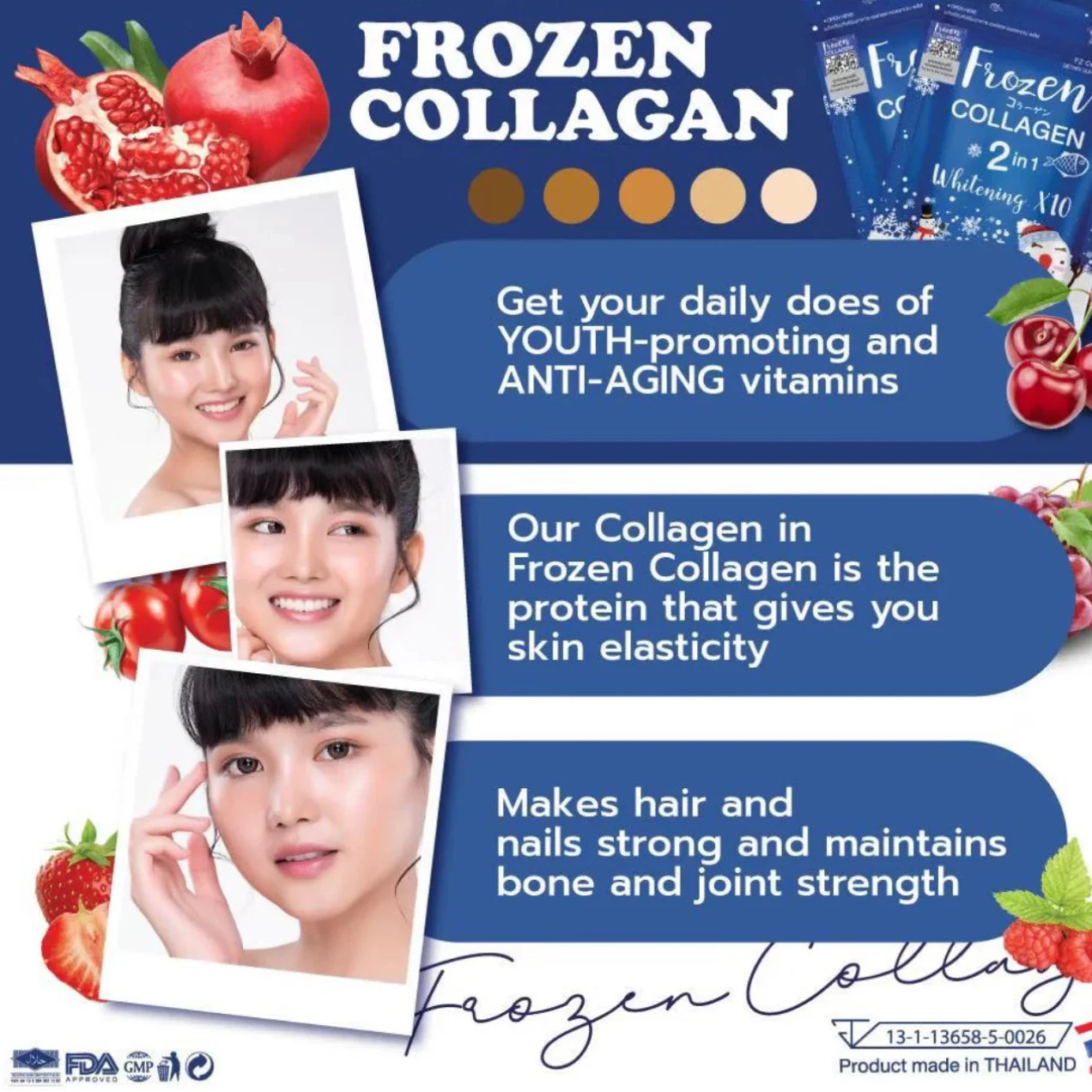 Advertisement for Frozen Collagan with images of a woman, text about collagen benefits, and fruit graphics.