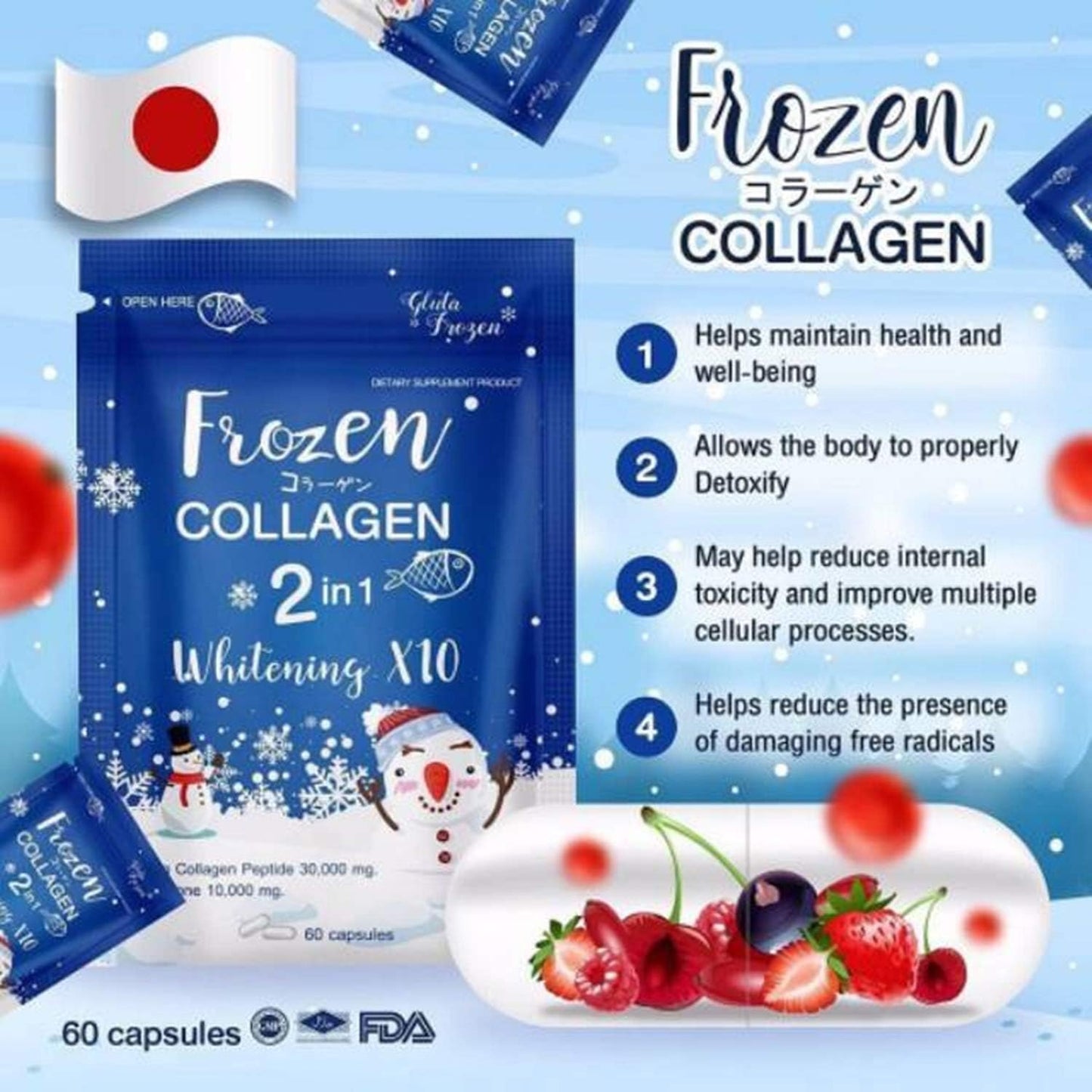 Frozen Collagen product packaging with Japanese flag, snowman, and fruits on a blue background