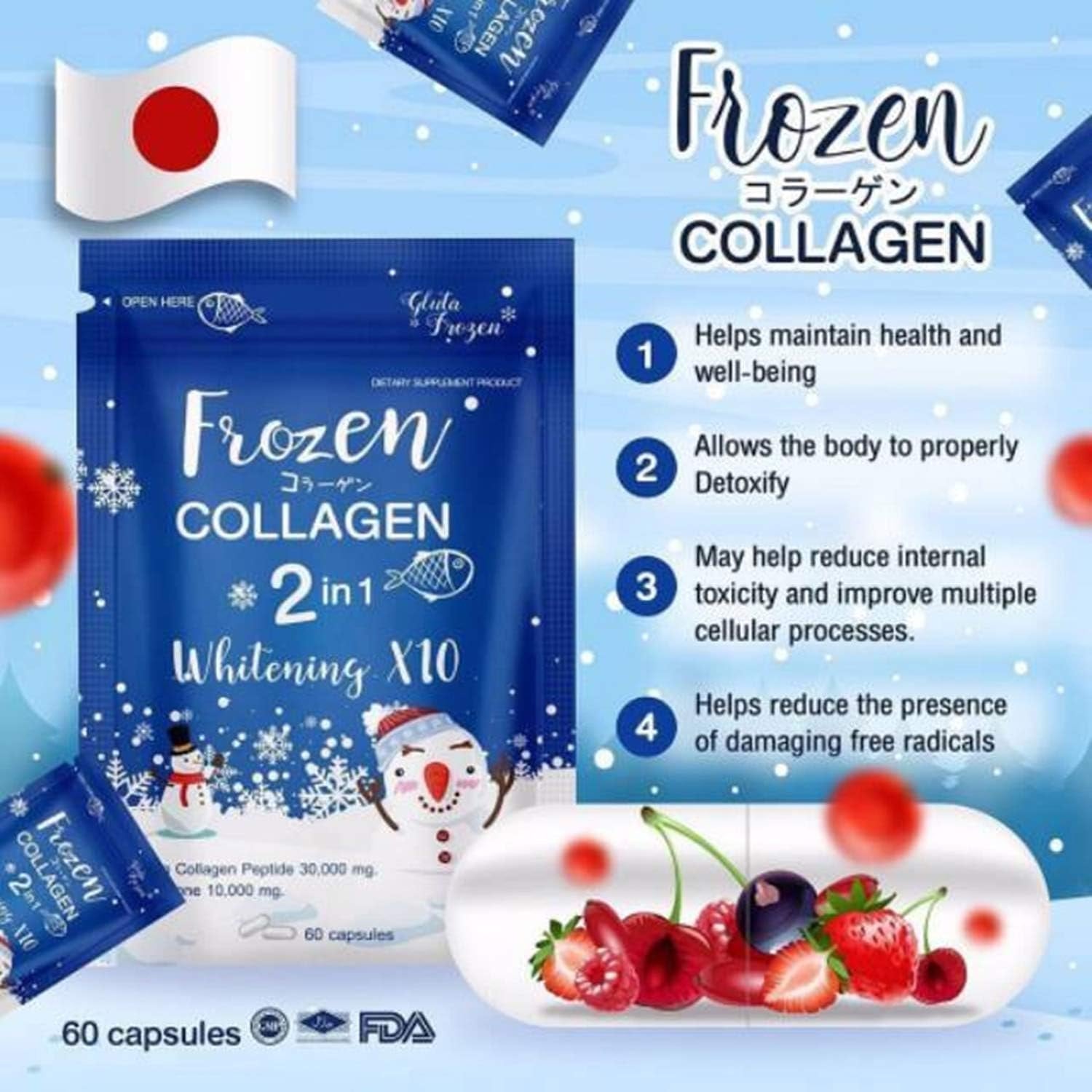 Frozen Collagen product packaging with Japanese flag, snowman, and fruits on a blue background