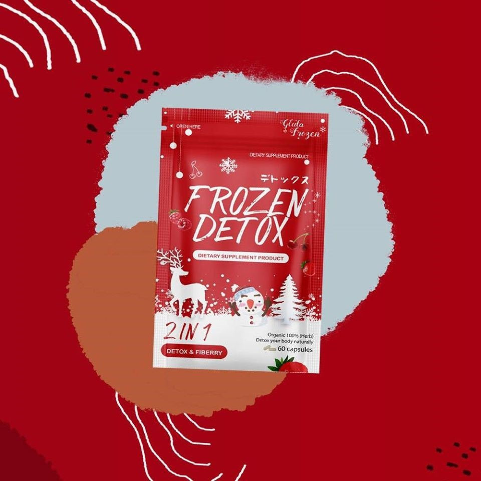 Red 'Frozen Detox' supplement package on a red background with abstract shapes.